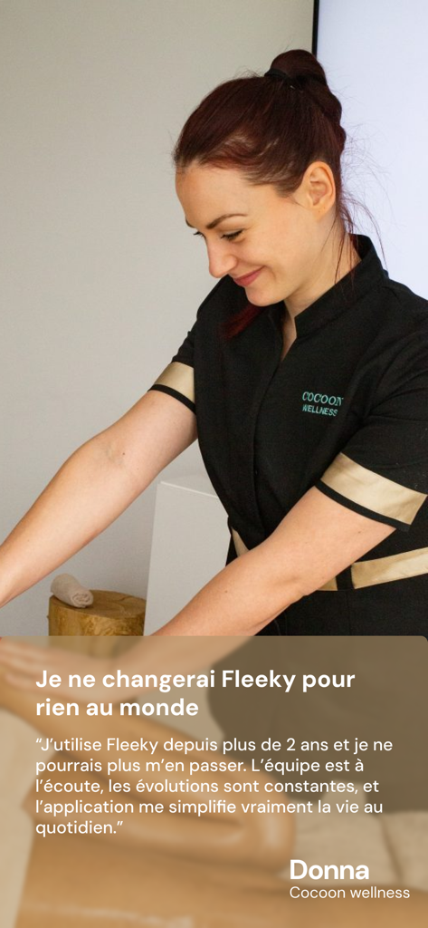 Fleeky Pro : Salon & Domicile - A especialista em beleza profissional Donna compartilhando um depoimento positivo para o software de gestão de salão Fleeky Pro