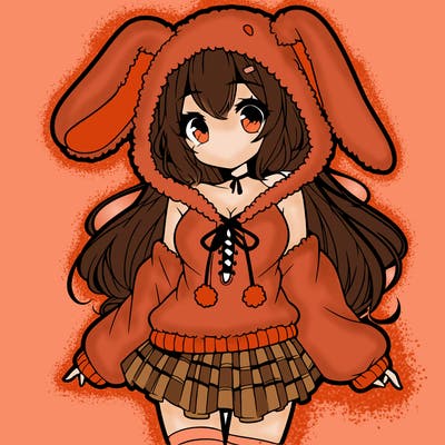pretty anime girl wearing a fluffy hoodie with bunny ears on the hood and a skirt