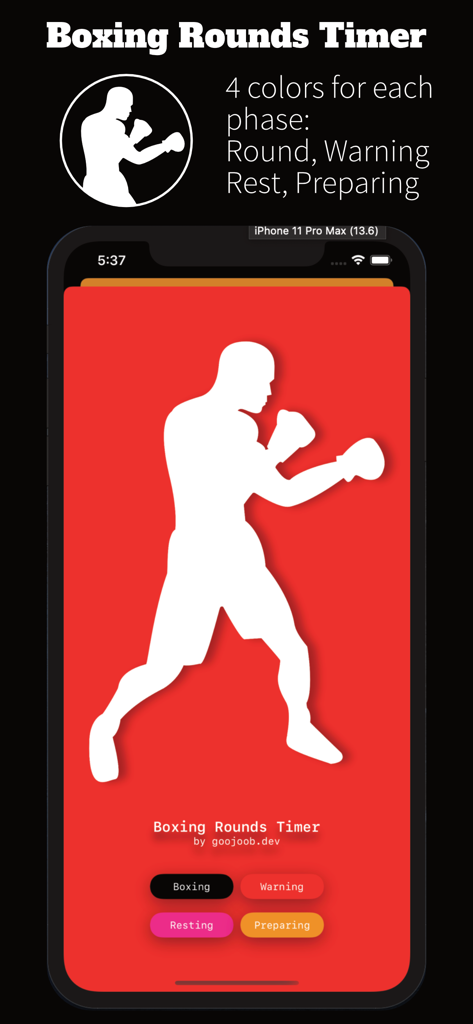 Interface of the Boxing Rounds Timer app showing a boxer silhouette and color-coded workout phases including round warning rest and preparing