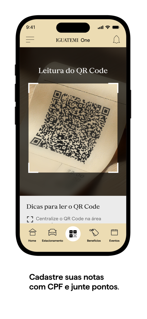 Escáner de códigos QR de la aplicación móvil Iguatemi One para registrar recibos de compra y ganar puntos