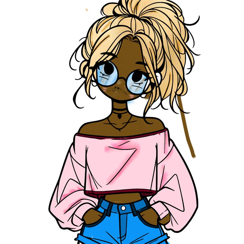 girl with a messy ponytail glasses a baggy crop top and jean shorts