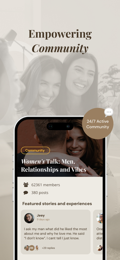 Affemity: Relationship Coach - Screenshot dell'app di coaching relazionale Affemity che mostra il suo forum attivo della community femminile