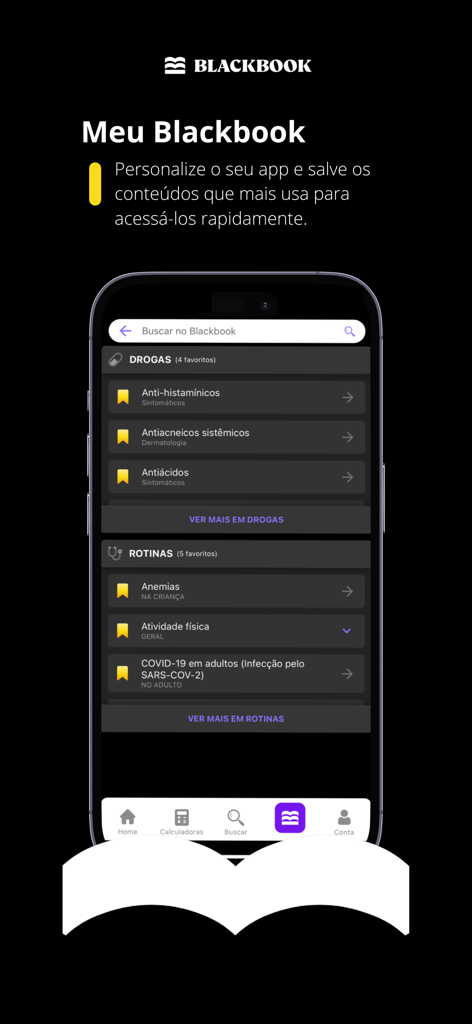 Blackbook: Decisões Clínicas - Blackbook medical app interface showing personalized clinical routines and drug favorites