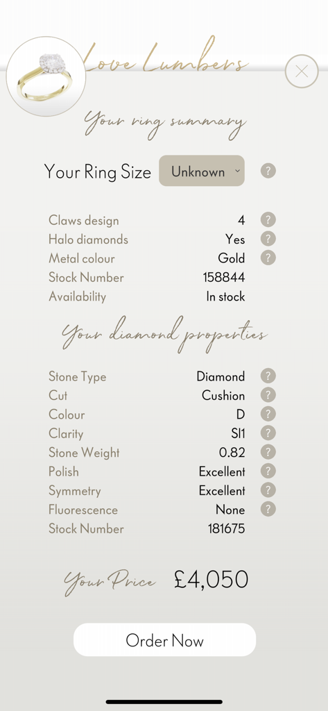 Engagement Ring Designer - A summary screen of a custom engagement ring design showing diamond specifications, ring details, and total price in the app.
