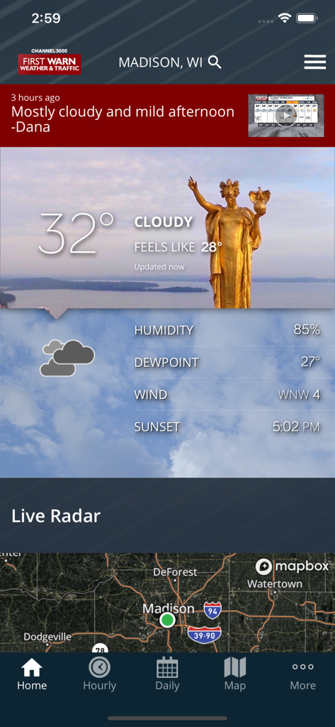 Channel3000 weather and traffic app home screen for Madison Wisconsin featuring current temperature and live radar
