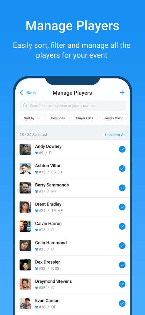SkillShark Athlete Evaluations - SkillShark app interface displaying a list of athletes for sports evaluations with sorting and filtering options