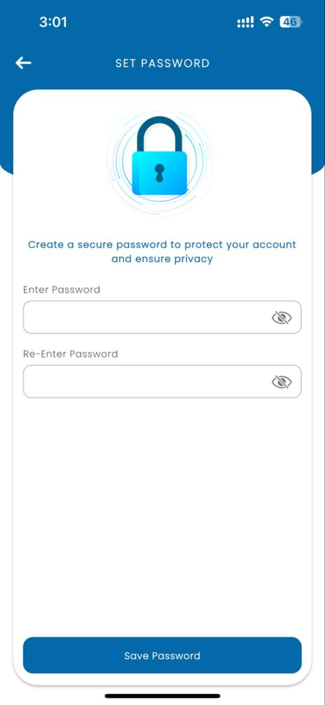 ECARE INTERNATIONAL TPA - Secure password setup screen in the ECARE INTERNATIONAL TPA healthcare app featuring account protection fields and a lock icon