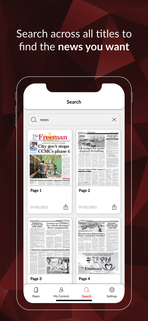 Search interface of The Freeman - Cebu app displaying digital newspaper pages
