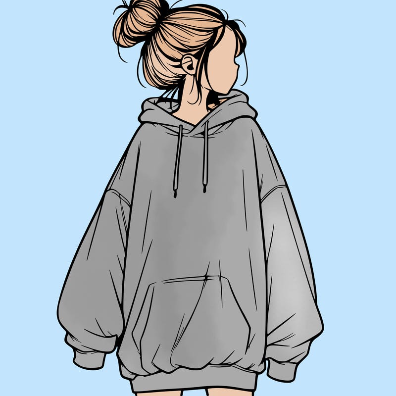 realistic girl with a oversized sweatshirt on and a bun