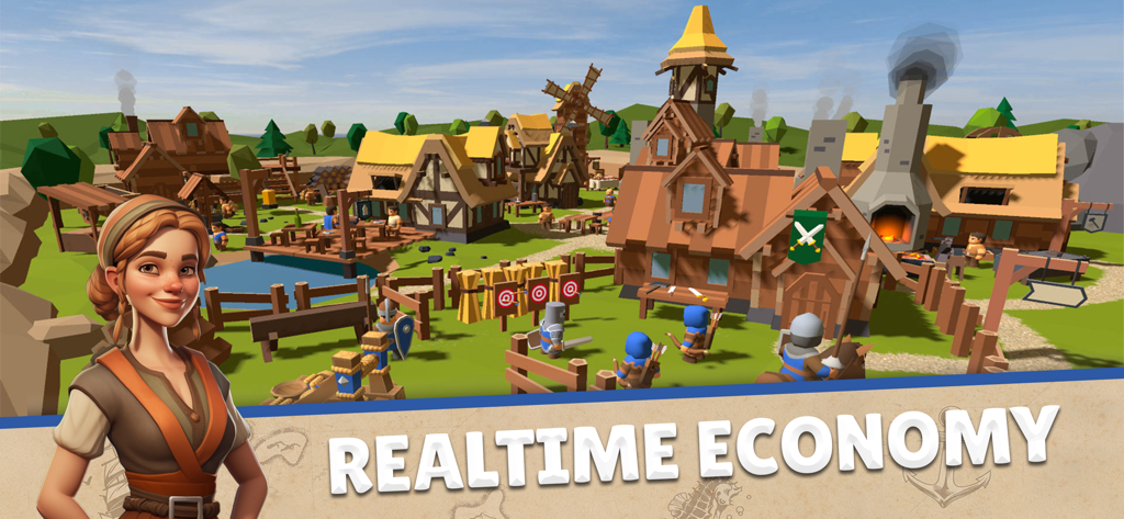 Domination Dynasty: Turn-Based - Pueblo medieval de baja poligonización que muestra la característica de economía en tiempo real en el juego de estrategia