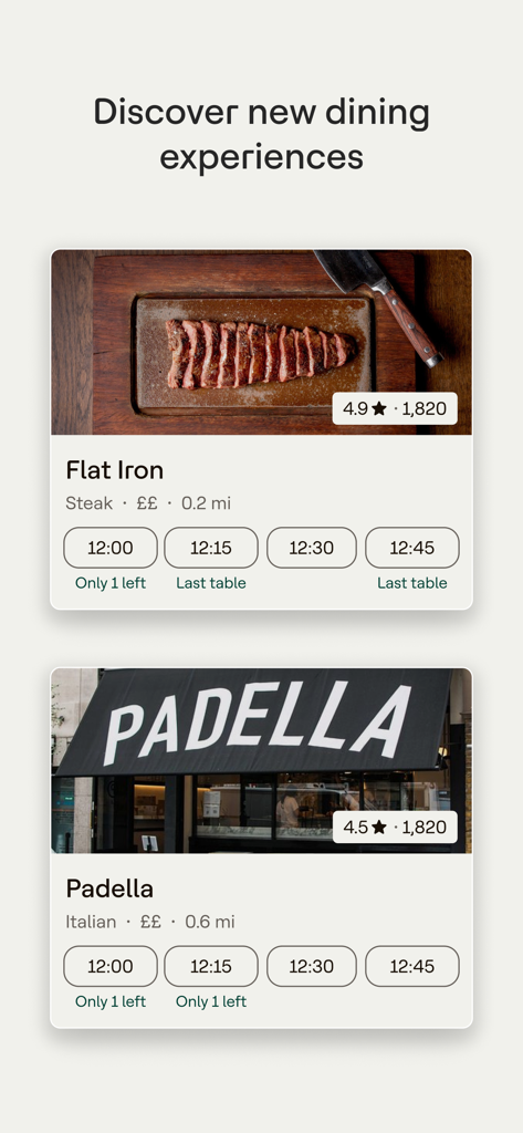 A screenshot of the Dojo app showing restaurant discovery and real-time table availability for booking