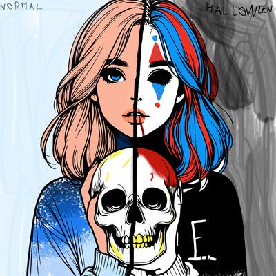 realistic girl holding a skull