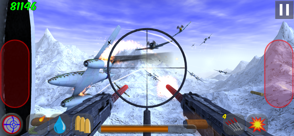 First-person perspective of a tail gunner shooting down Axis fighter planes over snowy mountains in Tail Gun Charlie