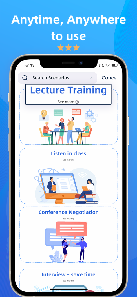 iTranscribe - Audio to Text - Interface of iTranscribe app displaying transcription use cases for lectures, classes and business meetings