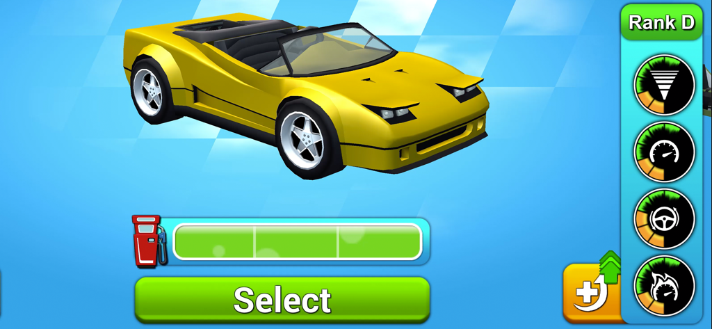 Rev Heads Rallyの車両選択メニューにある黄色いコンバーチブルスポーツカー。車のステータスとランクDが表示されている。