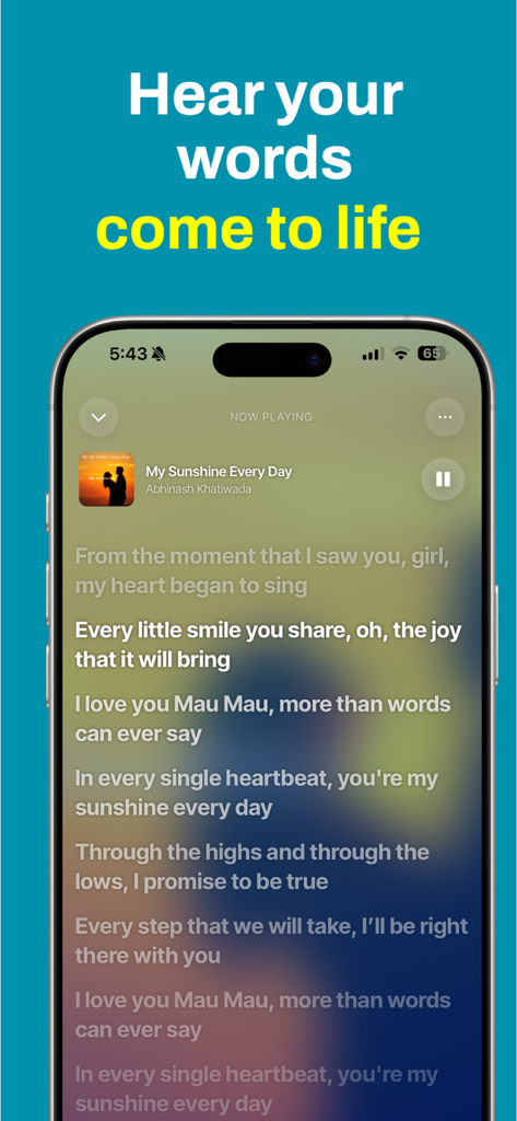AI Song Generator - Neume - An iPhone displaying the Neume app interface with a custom song playing and synchronized scrolling lyrics.