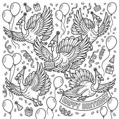 Get ready for a unique and festive celebration with our Flying Turkeys Birthday coloring page! This delightful design combines playful turkeys with all the joyous elements of a birthday party, perfect for igniting your creativity.