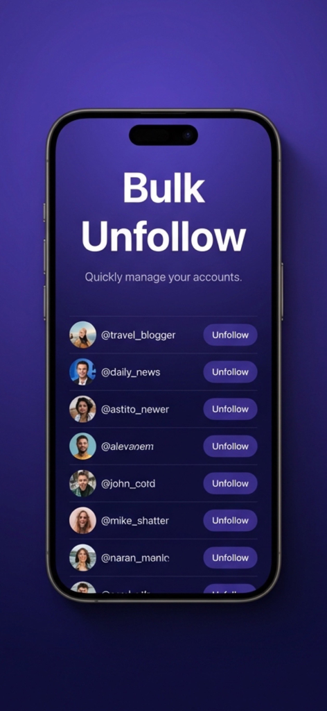 IG Unfollow: Reports & Tracker - A screenshot of the Bulk Unfollow feature in the IG Unfollow app showing a list of Instagram accounts with unfollow buttons.
