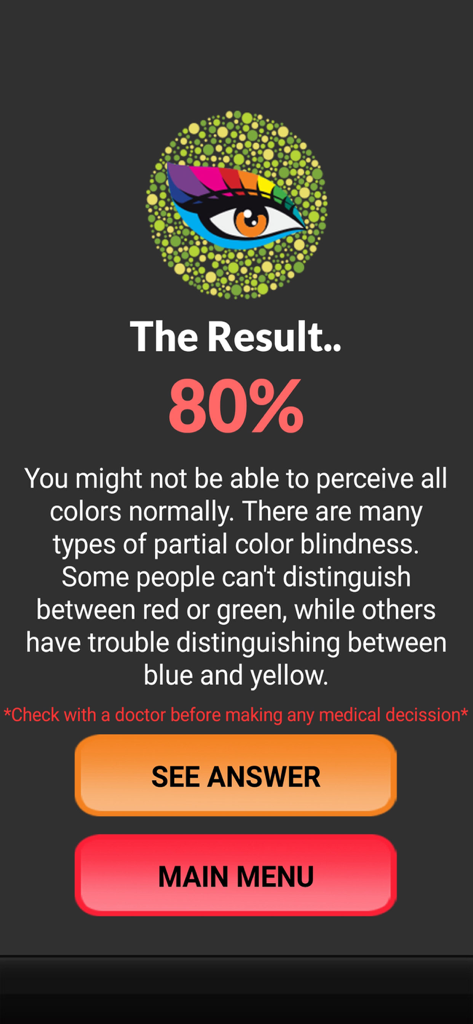 Color Blindness Test Ishihara - Pantalla de resultados de la prueba de daltonismo que muestra información sobre la deficiencia visual y la puntuación