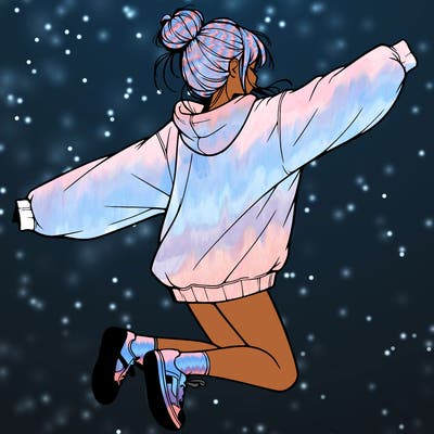 realistic girl jumping with a bun and oversized sweatshirt
