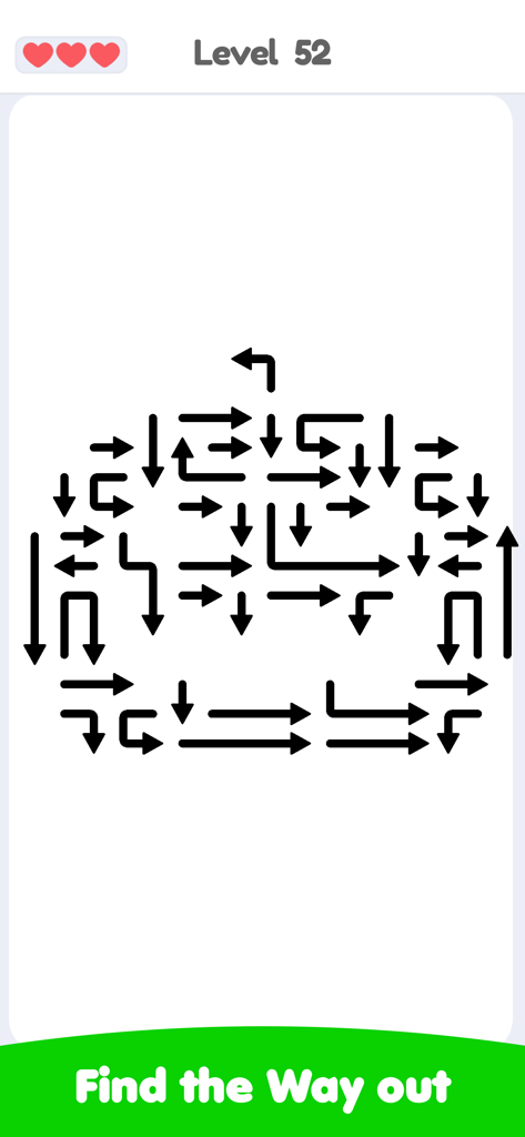 Arrows: Escape Puzzle - Una pantalla de rompecabezas de lógica minimalista de Arrows Escape Puzzle que muestra el nivel 52 con flechas negras sobre un fondo blanco y la instrucción para encontrar la salida.