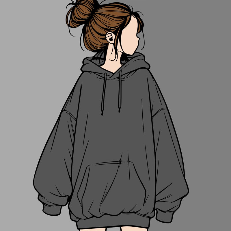 realistic girl with a oversized sweatshirt on and a bun