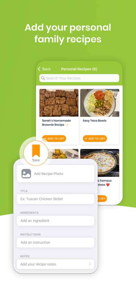 eMeals - Healthy Meal Plans - Tela do aplicativo móvel mostrando a interface para adicionar e armazenar receitas familiares pessoais no aplicativo eMeals