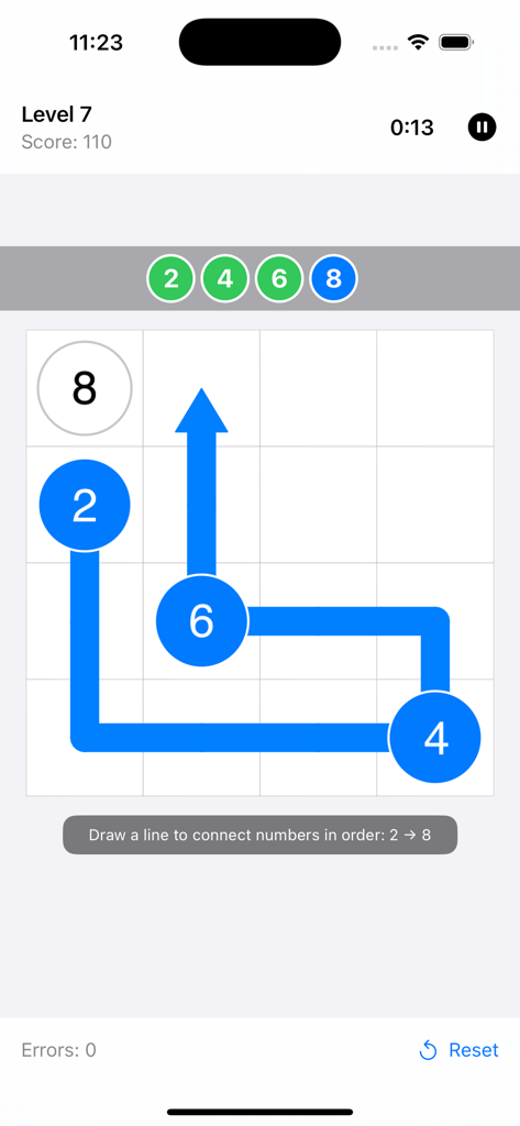 Link & Arrow - Minimalist puzzle gameplay screen of Link and Arrow showing a blue path connecting sequential numbers in a grid