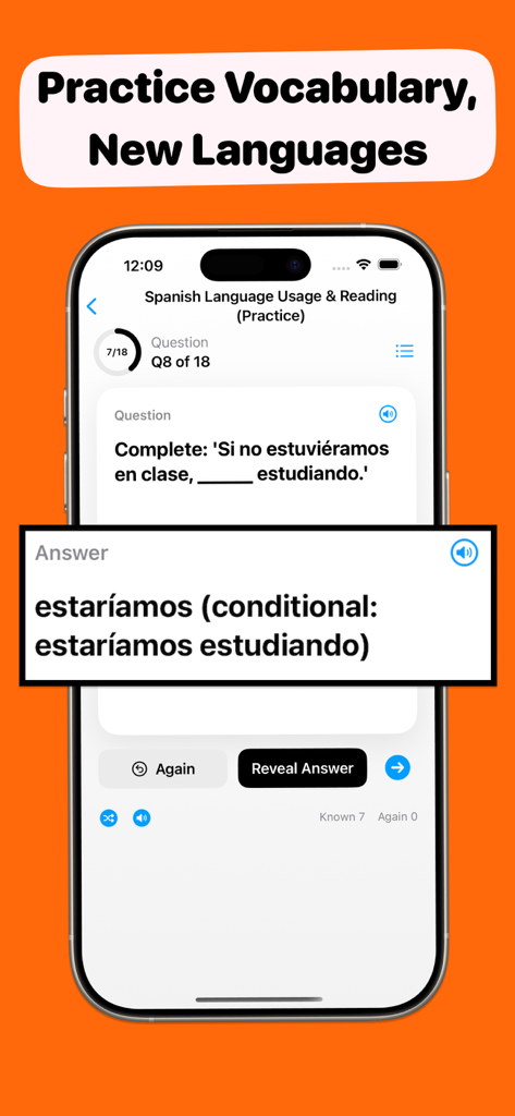 Flashcards Maker - DeckUp - A Spanish language learning flashcard in the DeckUp app showing a grammar question and its revealed answer.