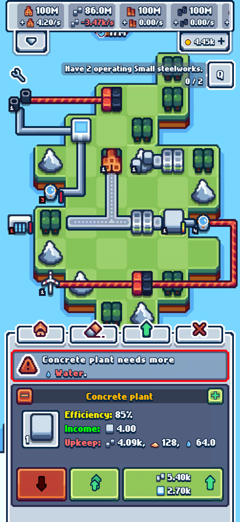 Production Chain Tycoon - A pixel art industrial management screen in Production Chain Tycoon showing a concrete plant production interface and resource pipelines