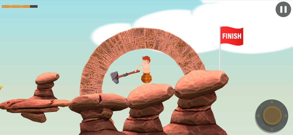 Hammer Hill Climb Challenges - Captura de pantalla del juego Hammer Hill Climb Challenges que muestra a un personaje usando un martillo para escalar colinas rocosas hacia una bandera de meta