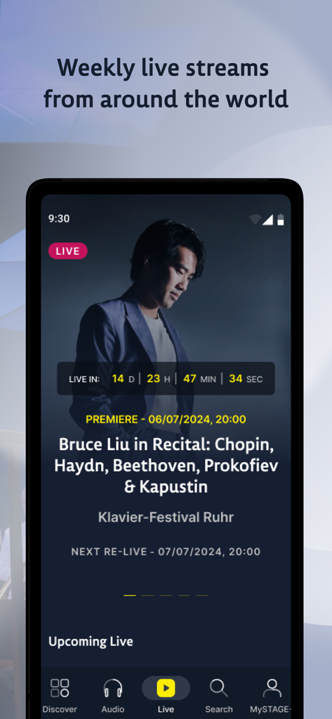 STAGE+ Stream Classical Music - Screenshot of the STAGE+ app showing an upcoming live piano recital by Bruce Liu with a countdown timer