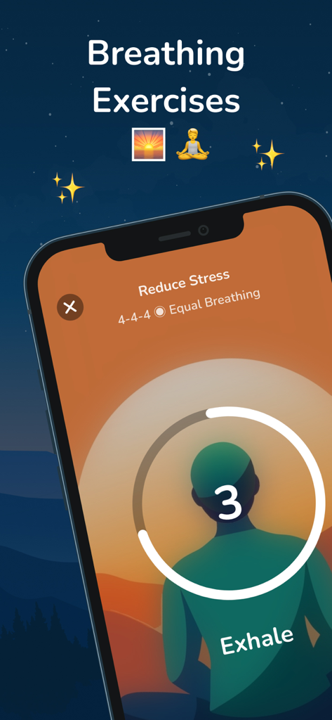 Interfaz móvil para ejercicios de respiración para reducir el estrés con un temporizador de exhalación.