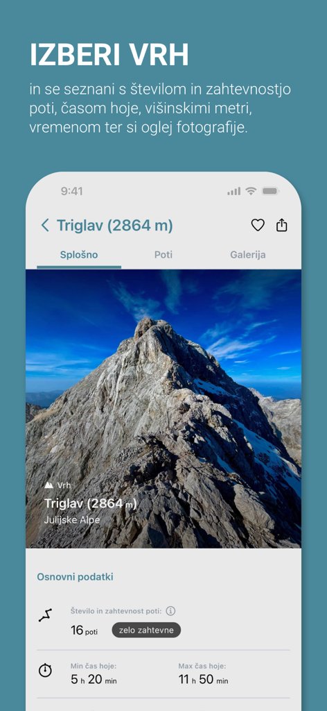 APPEAK - Mobile app interface displaying hiking peak statistics and difficulty levels