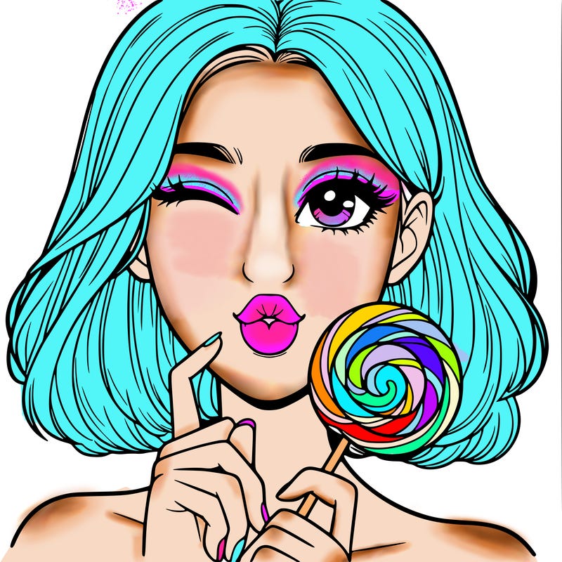 young woman with a lollipop winking and holding a finger to her lips