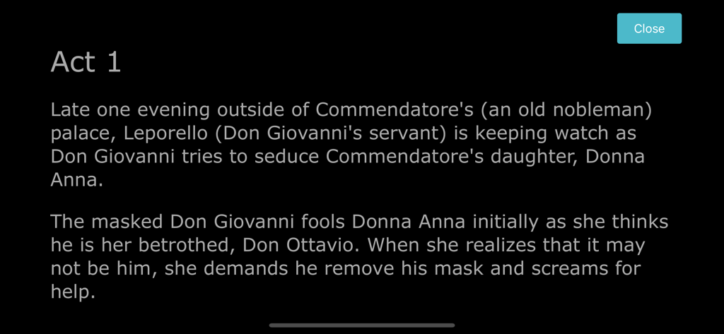 Real time summary of Act 1 for the opera Don Giovanni in the Lyri Live app.