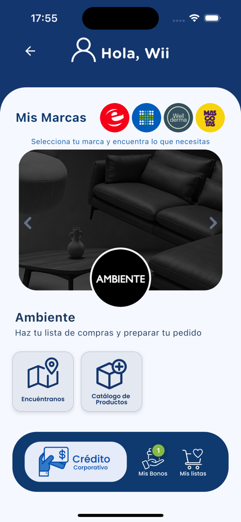 Tu App Farmacia - Main home screen of the Tu App Farmacia mobile app showing brand selections product catalog and corporate credit options in Spanish