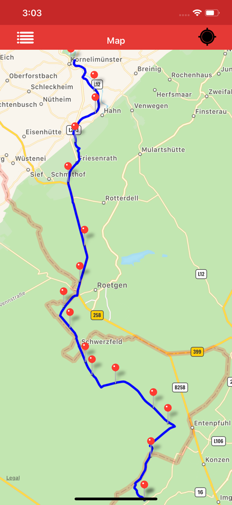 Gpx Viewer-Gpx Converter app - A mobile app map interface displaying a blue GPX track and red pin waypoints