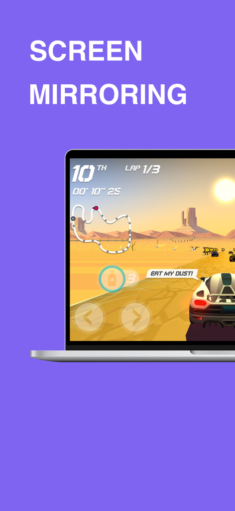 Mobile racing game mirrored from an iPhone to a laptop screen using EasyCast Pro.