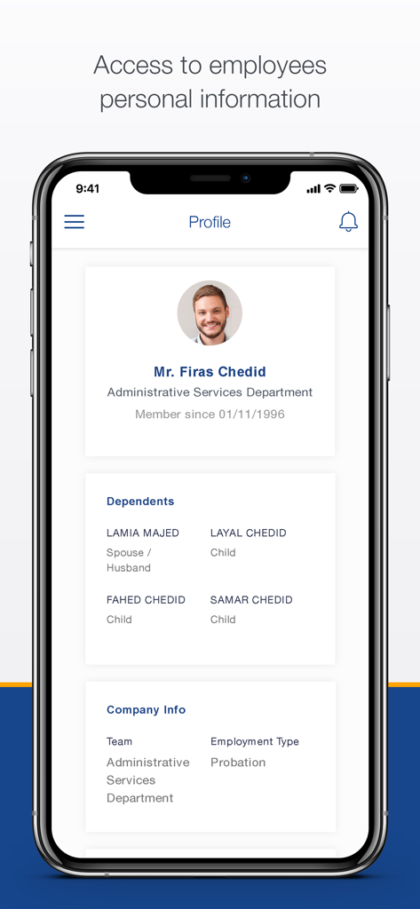 People365 - Employee profile screen in the People365 app showing personal information and company details