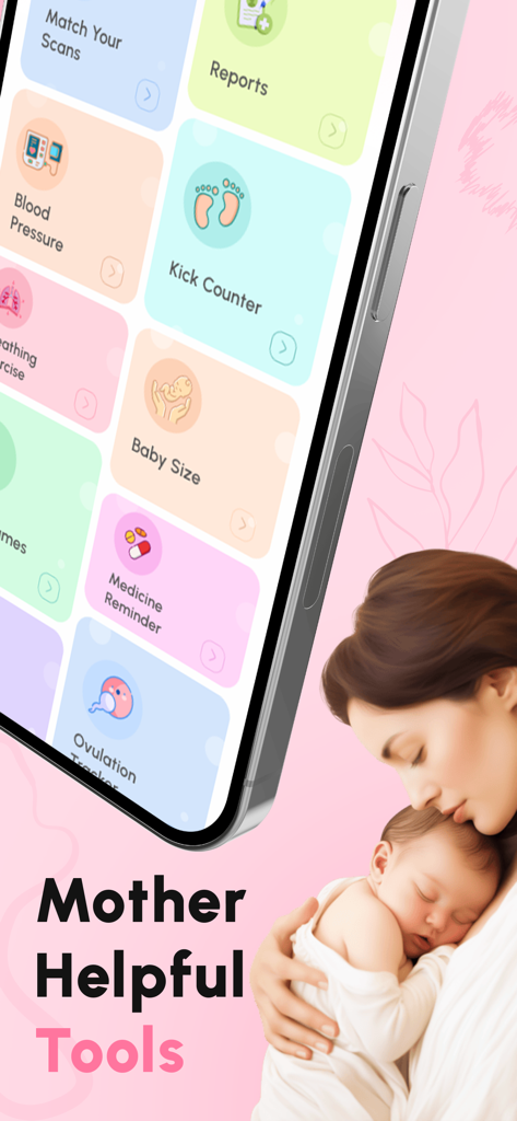 Interface of the Pregnancy Tracker app featuring tools like kick counter, baby size tracker, and medicine reminders for mothers.