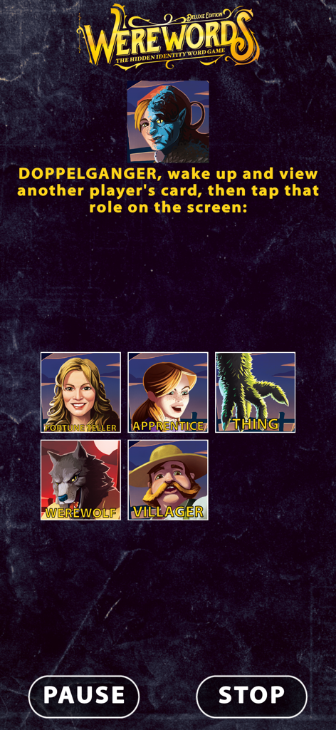 Werewordsアプリのインターフェース。ドッペルゲンガーのロールの説明とキャラクターカード選択オプションが表示されます。