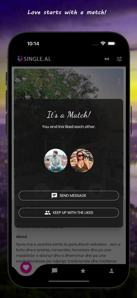 Interfaccia dell'app di incontri Single.al che mostra una notifica di "match" avvenuto tra due utenti.