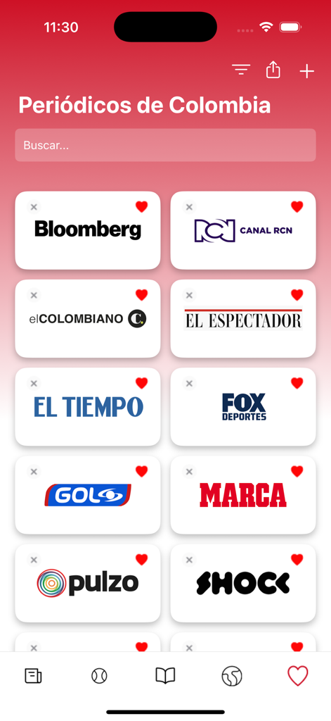 Periódicos de Colombia - Pantalla principal de la aplicación Periódicos de Colombia mostrando una cuadrícula de logotipos de medios de noticias y deportes