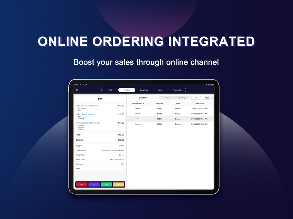 GoMenu POS - iPad screen displaying integrated online ordering management for restaurants and cafes