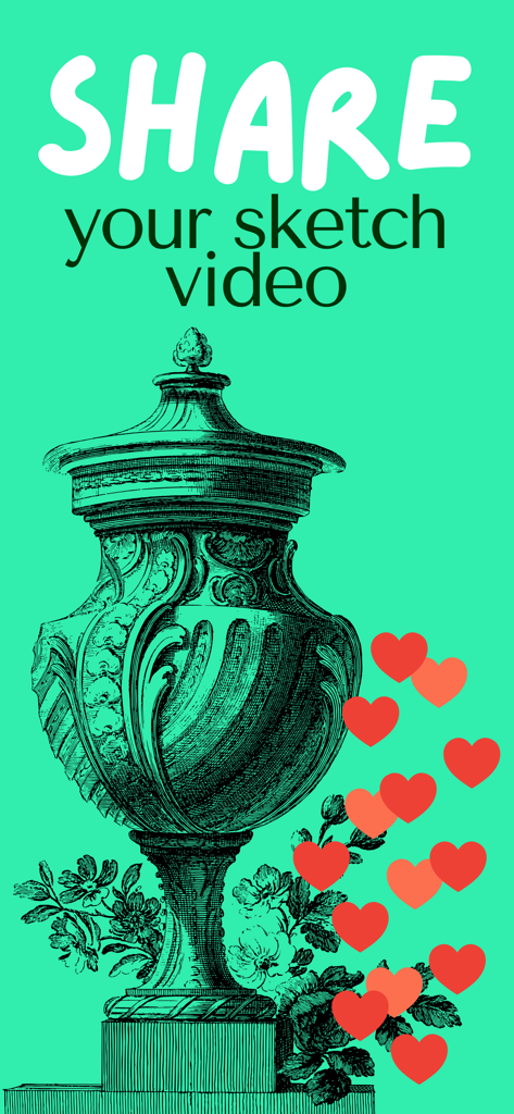 Trace Drawing - Pancarta promocional para la aplicación Trace Drawing con un intrincado boceto de urna e íconos de corazón de redes sociales con texto para compartir tu vídeo de boceto