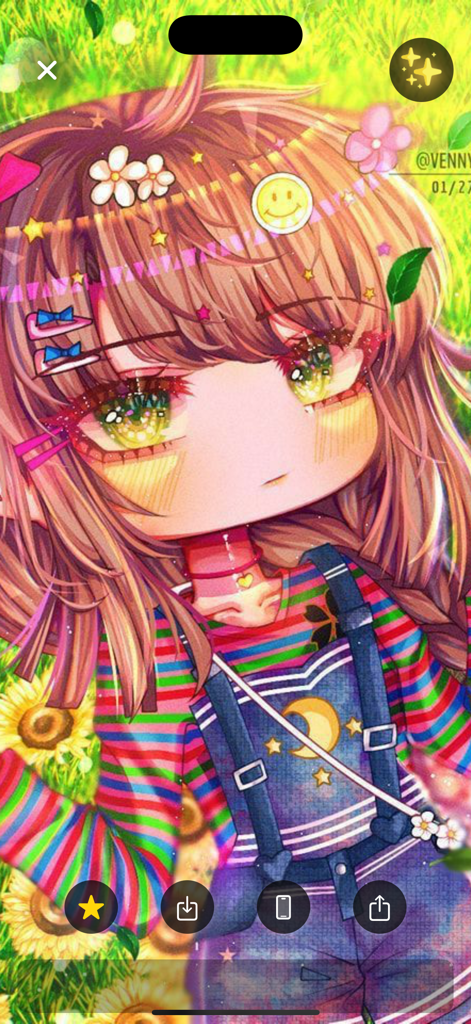 A cute Gacha-style anime girl character with rainbow clothing and sunflower background displayed as a phone wallpaper.