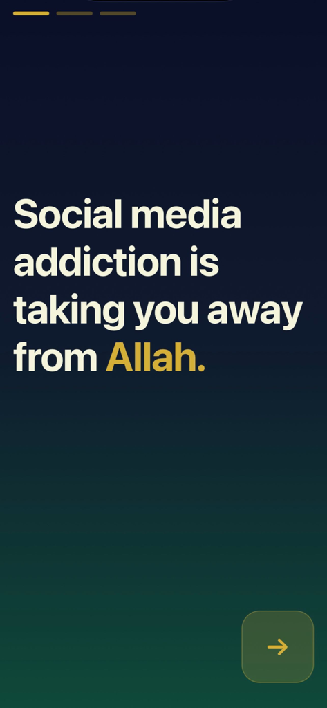 Quran Unlock - Introductory screen of Quran Unlock app with text stating social media addiction is taking you away from Allah