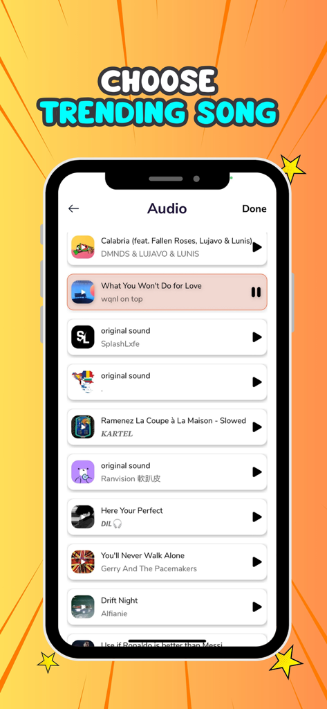 Filter Challenge: Master Cut - Interfaz de la aplicación Master Cut que muestra una lista de canciones populares para elegir para el desafío del filtro.