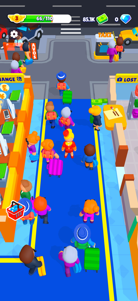 Top-down gameplay view of passengers walking through an airport terminal in Airport Idle